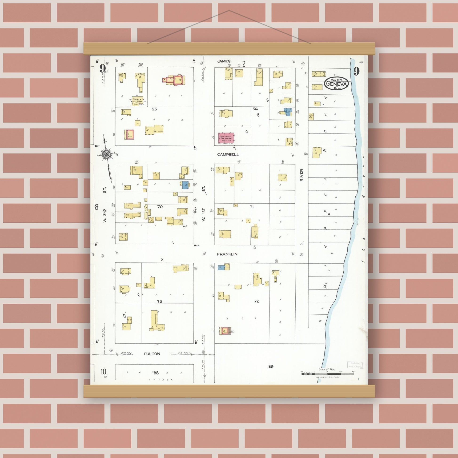 Old map wall art mockup — magnetic wood frame on brick wall — Sanborn Fire Insurance Map from Geneva, Kane County, Illinois (1923), Sheet #0009