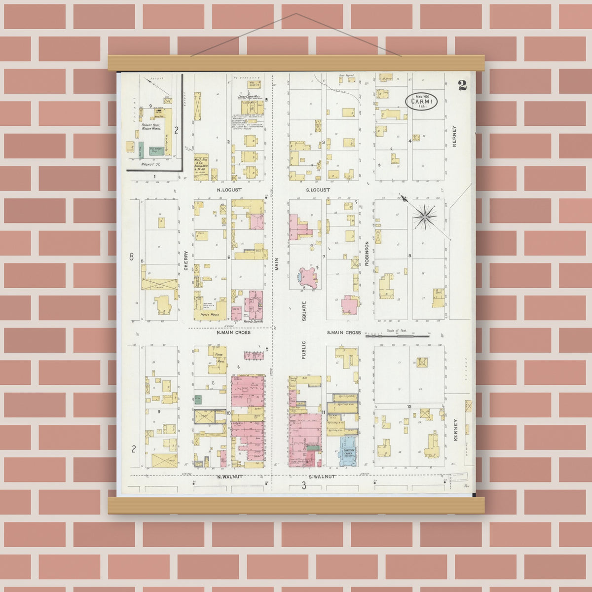 Old map wall art mockup — magnetic wood frame on brick wall — Sanborn Fire Insurance Map from Carmi, White County, Illinois (1906), Sheet #0002