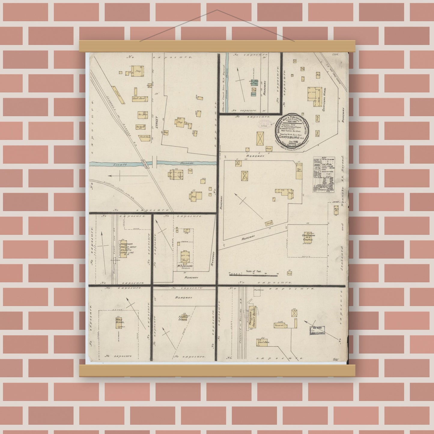 Old map wall art mockup — magnetic wood frame on brick wall — Sanborn Fire Insurance Map from Garysburg, Northampton County, North Carolina (1888), Sheet #0001