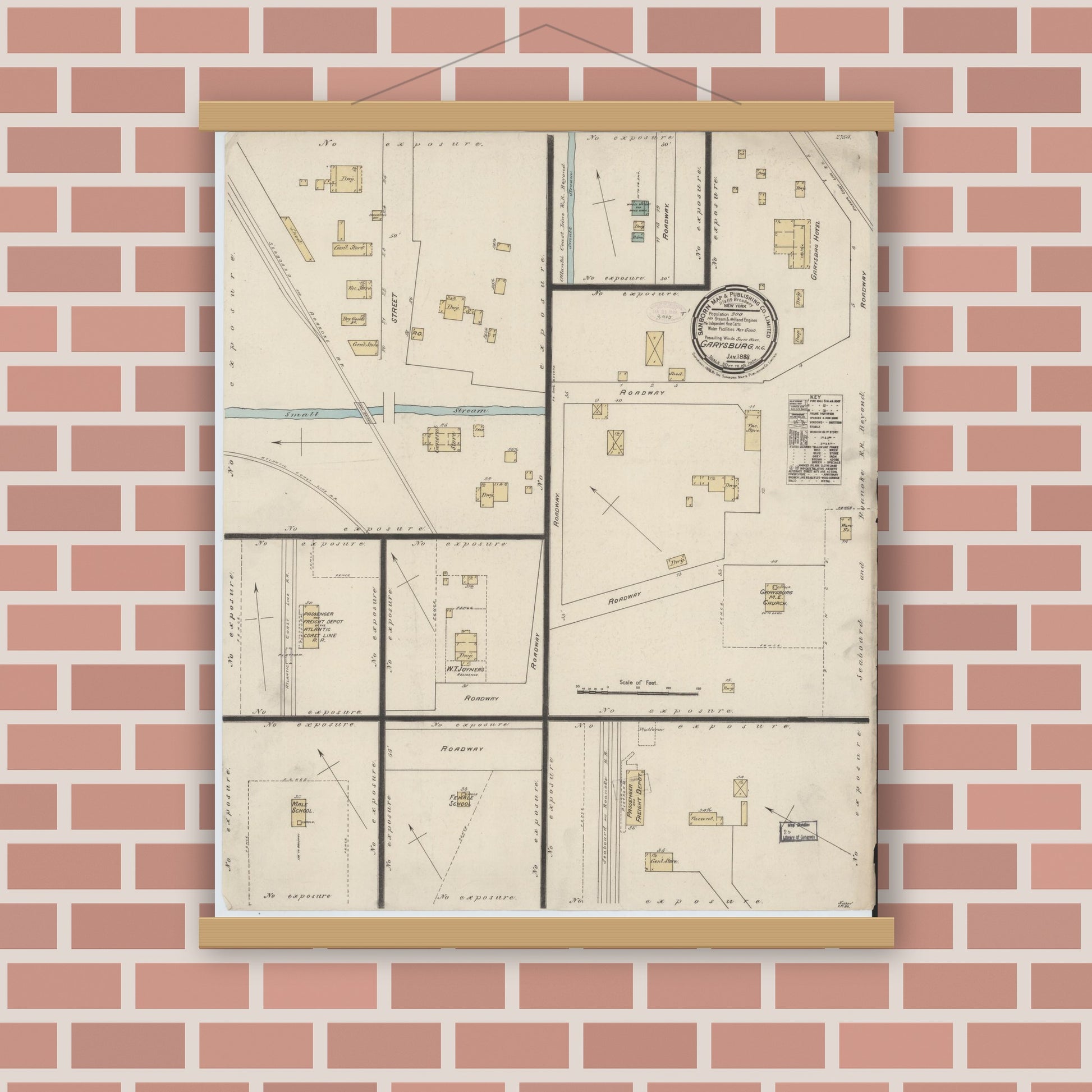 Old map wall art mockup — magnetic wood frame on brick wall — Sanborn Fire Insurance Map from Garysburg, Northampton County, North Carolina (1888), Sheet #0001