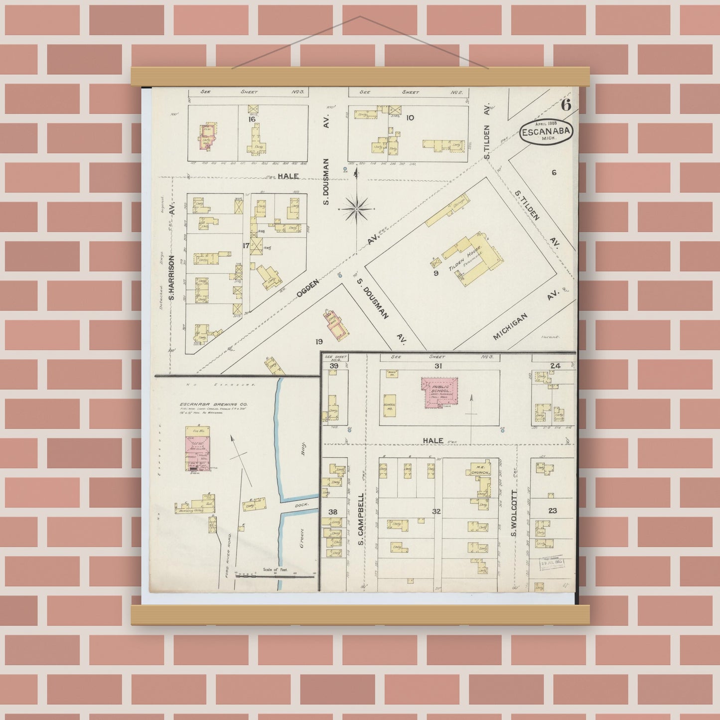 Old map wall art mockup — magnetic wood frame on brick wall — Sanborn Fire Insurance Map from Escanaba, Delta County, Michigan (1888), Sheet #0006