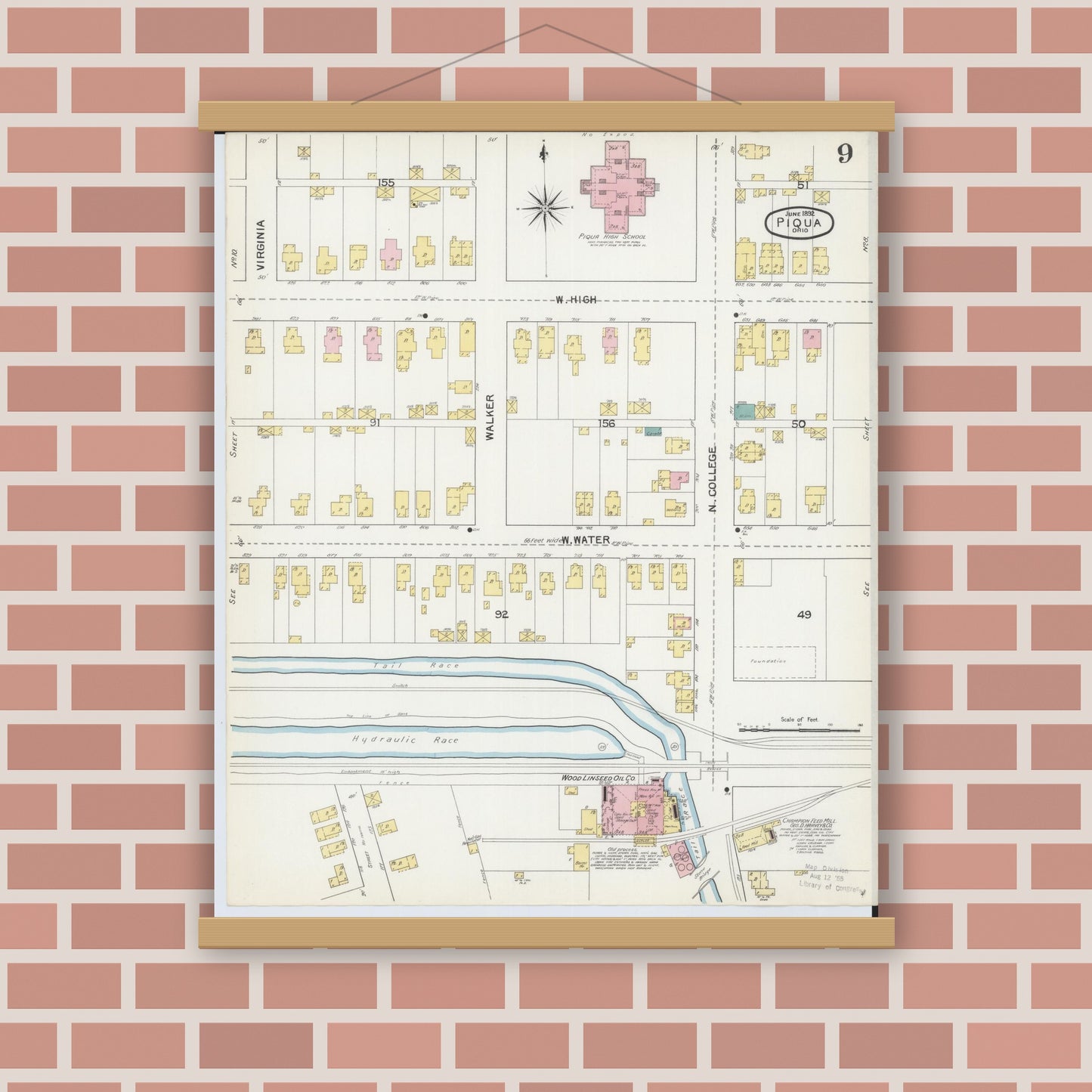 Old map wall art mockup — magnetic wood frame on brick wall — Sanborn Fire Insurance Map from Piqua, Miami County, Ohio (1892), Sheet #0009