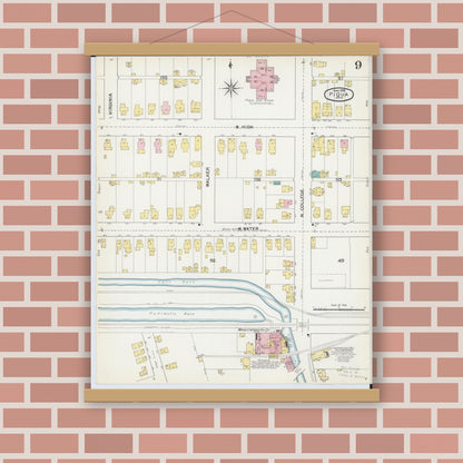 Old map wall art mockup — magnetic wood frame on brick wall — Sanborn Fire Insurance Map from Piqua, Miami County, Ohio (1892), Sheet #0009