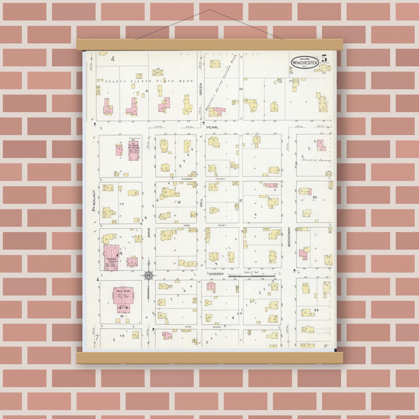 Old map wall art mockup — magnetic wood frame on brick wall — Sanborn Fire Insurance Map from Winchester, Scott County, Illinois (1914), Sheet #0005