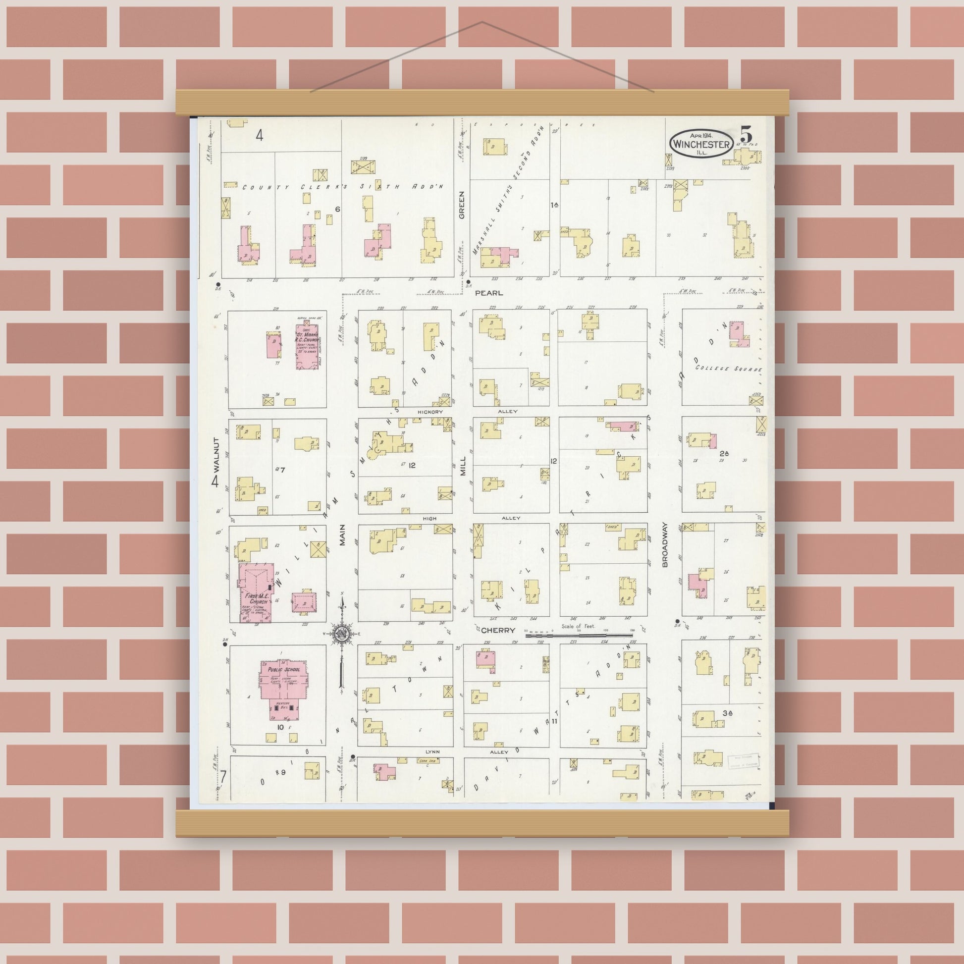 Old map wall art mockup — magnetic wood frame on brick wall — Sanborn Fire Insurance Map from Winchester, Scott County, Illinois (1914), Sheet #0005