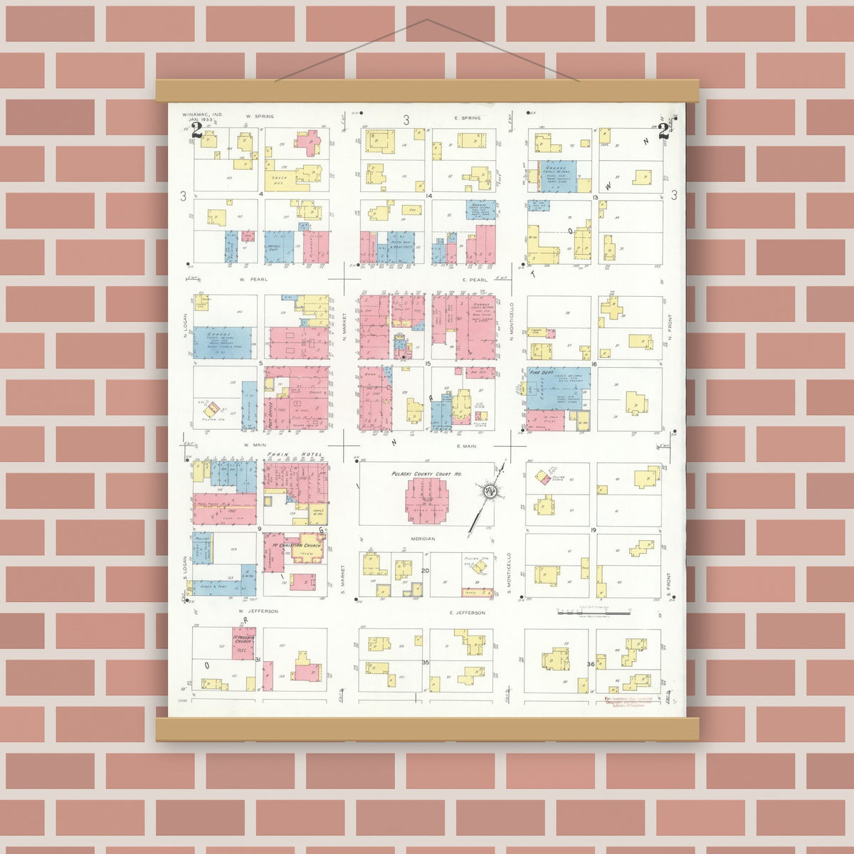 Old map wall art mockup — magnetic wood frame on brick wall — Sanborn Fire Insurance Map from Winamac, Pulaski County, Indiana (1933), Sheet #0002