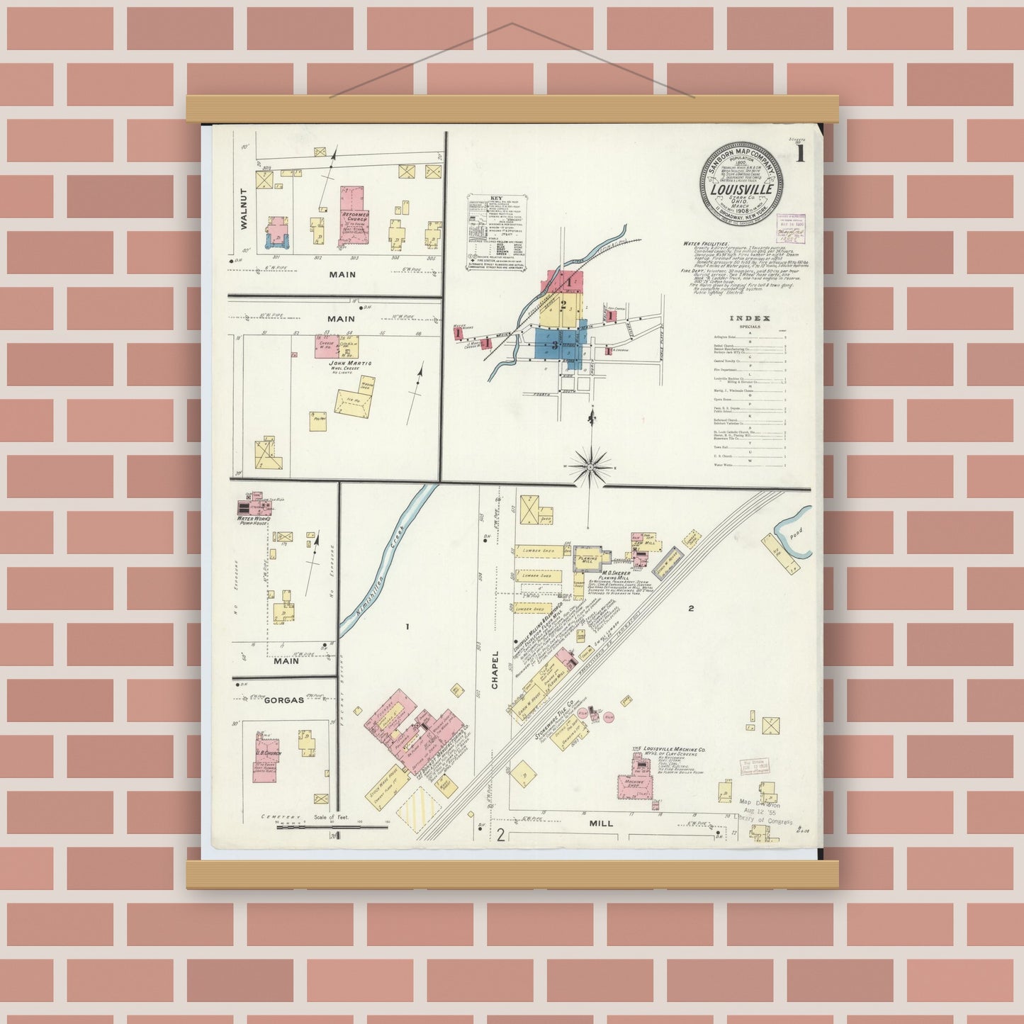 Old map wall art mockup — magnetic wood frame on brick wall — Sanborn Fire Insurance Map from Louisville, Stark County, Ohio (1908), Sheet #0001