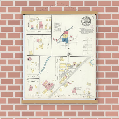 Old map wall art mockup — magnetic wood frame on brick wall — Sanborn Fire Insurance Map from Louisville, Stark County, Ohio (1908), Sheet #0001