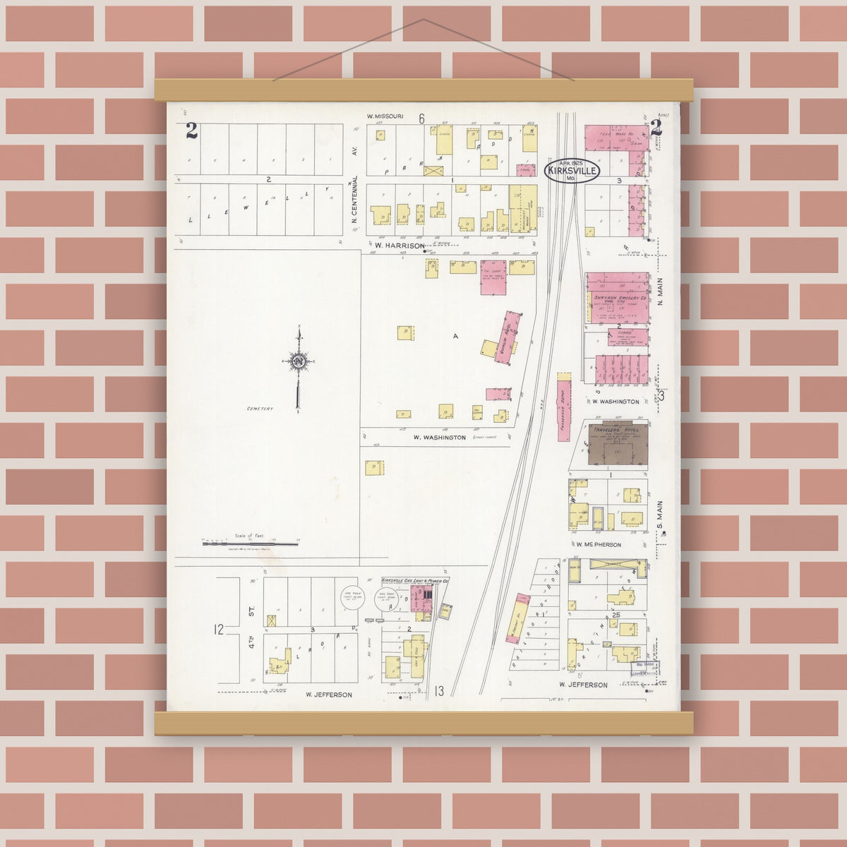 Old map wall art mockup — magnetic wood frame on brick wall — Sanborn Fire Insurance Map from Kirksville, Adair County, Missouri (1925), Sheet #0002