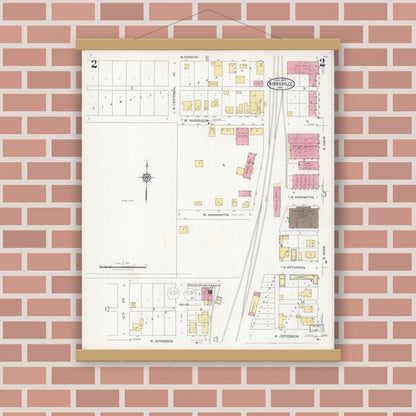 Old map wall art mockup — magnetic wood frame on brick wall — Sanborn Fire Insurance Map from Kirksville, Adair County, Missouri (1925), Sheet #0002