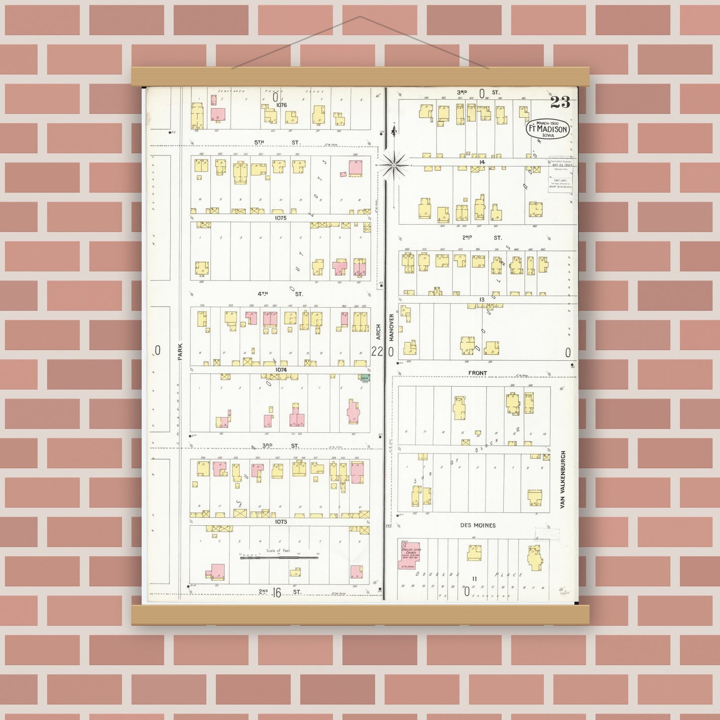 Old map wall art mockup — magnetic wood frame on brick wall — Sanborn Fire Insurance Map from Fort Madison, Lee County, Iowa (1900), Sheet #0023