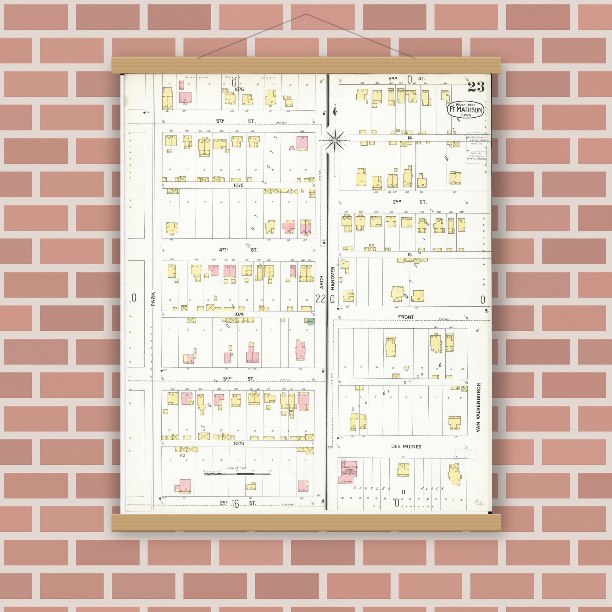 Old map wall art mockup — magnetic wood frame on brick wall — Sanborn Fire Insurance Map from Fort Madison, Lee County, Iowa (1900), Sheet #0023