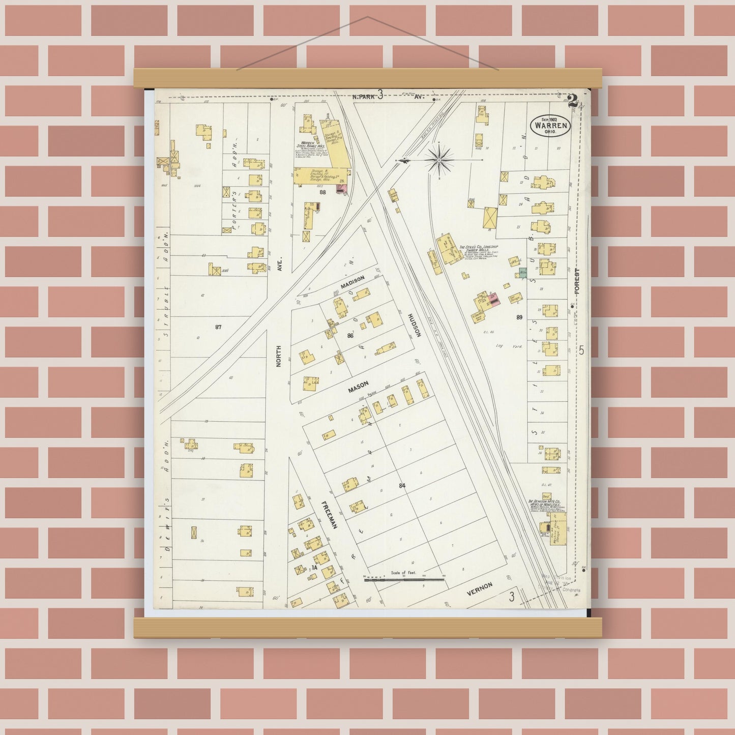 Old map wall art mockup — magnetic wood frame on brick wall — Sanborn Fire Insurance Map from Warren, Trumbull County, Ohio (1902), Sheet #0002