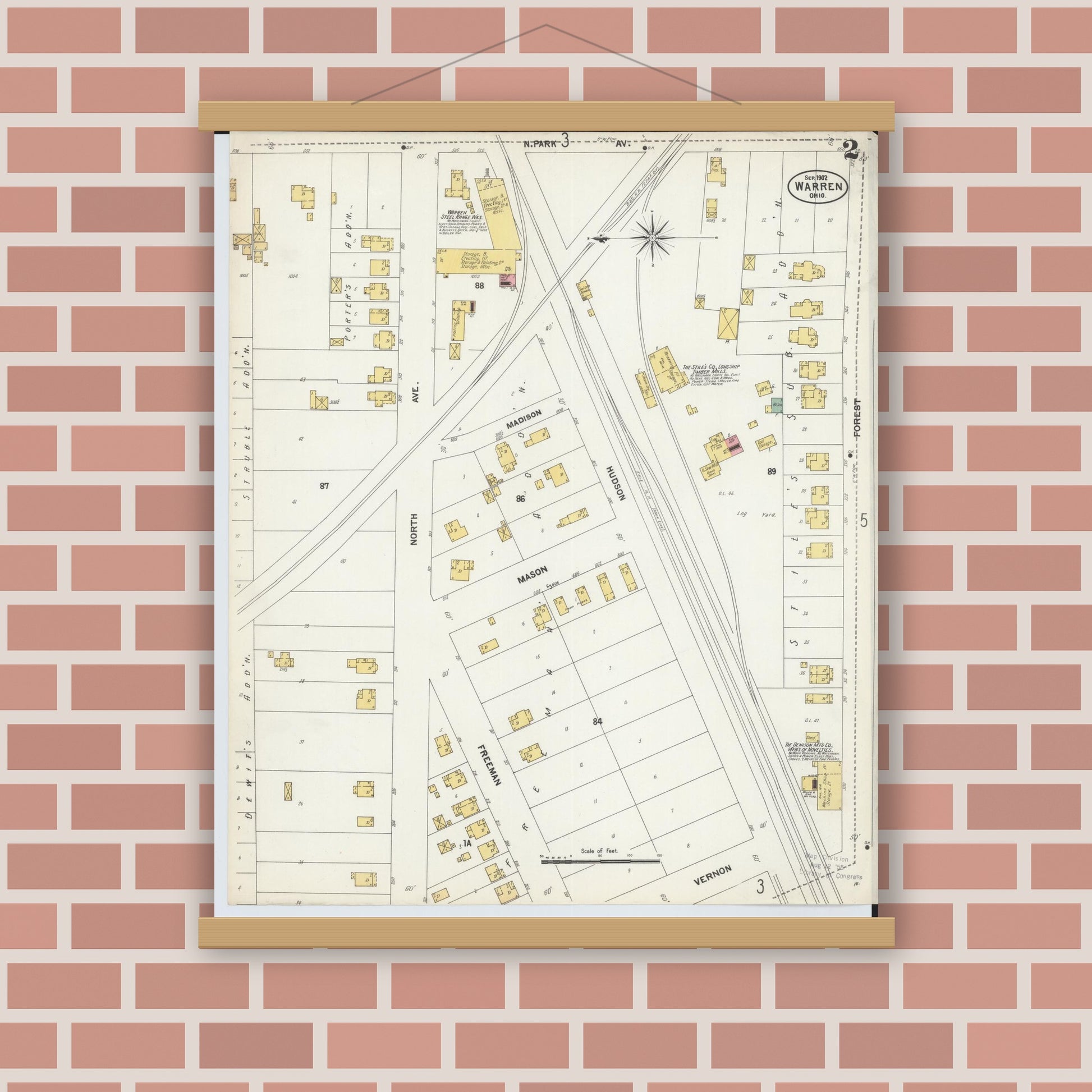Old map wall art mockup — magnetic wood frame on brick wall — Sanborn Fire Insurance Map from Warren, Trumbull County, Ohio (1902), Sheet #0002