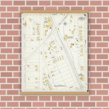 Old map wall art mockup — magnetic wood frame on brick wall — Sanborn Fire Insurance Map from Warren, Trumbull County, Ohio (1902), Sheet #0002