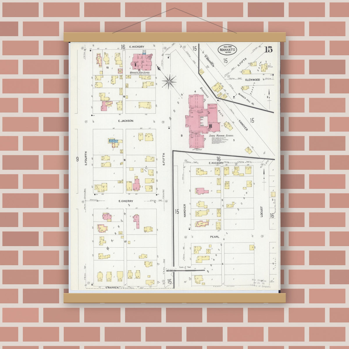 Old map wall art mockup — magnetic wood frame on brick wall — Sanborn Fire Insurance Map from Mankato, Blue Earth County, Minnesota (1908), Sheet #0015