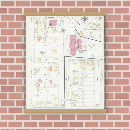 Old map wall art mockup — magnetic wood frame on brick wall — Sanborn Fire Insurance Map from Mankato, Blue Earth County, Minnesota (1908), Sheet #0015