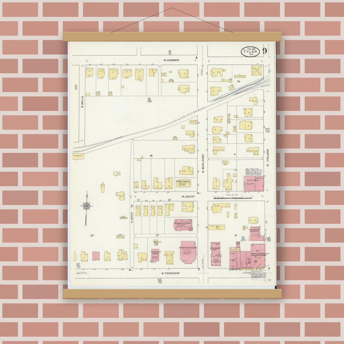 Old map wall art mockup — magnetic wood frame on brick wall — Sanborn Fire Insurance Map from Tyler, Smith County, Texas (1912), Sheet #0009