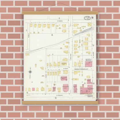 Old map wall art mockup — magnetic wood frame on brick wall — Sanborn Fire Insurance Map from Tyler, Smith County, Texas (1912), Sheet #0009