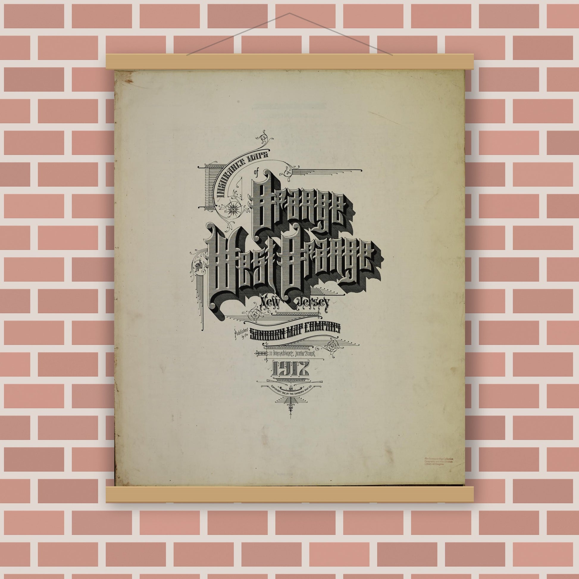 Old map wall art mockup — magnetic wood frame on brick wall — Sanborn Fire Insurance Map from Orange, Essex County, New Jersey (1912), Sheet #0001