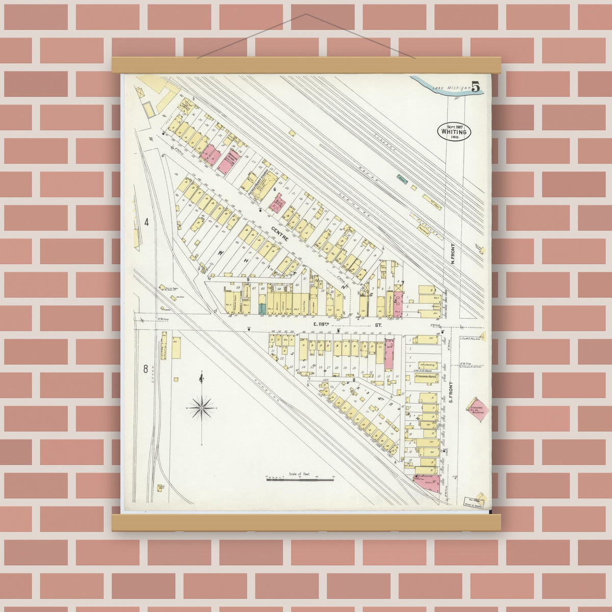 Old map wall art mockup — magnetic wood frame on brick wall — Sanborn Fire Insurance Map from Whiting, Lake County, Indiana (1907), Sheet #0005