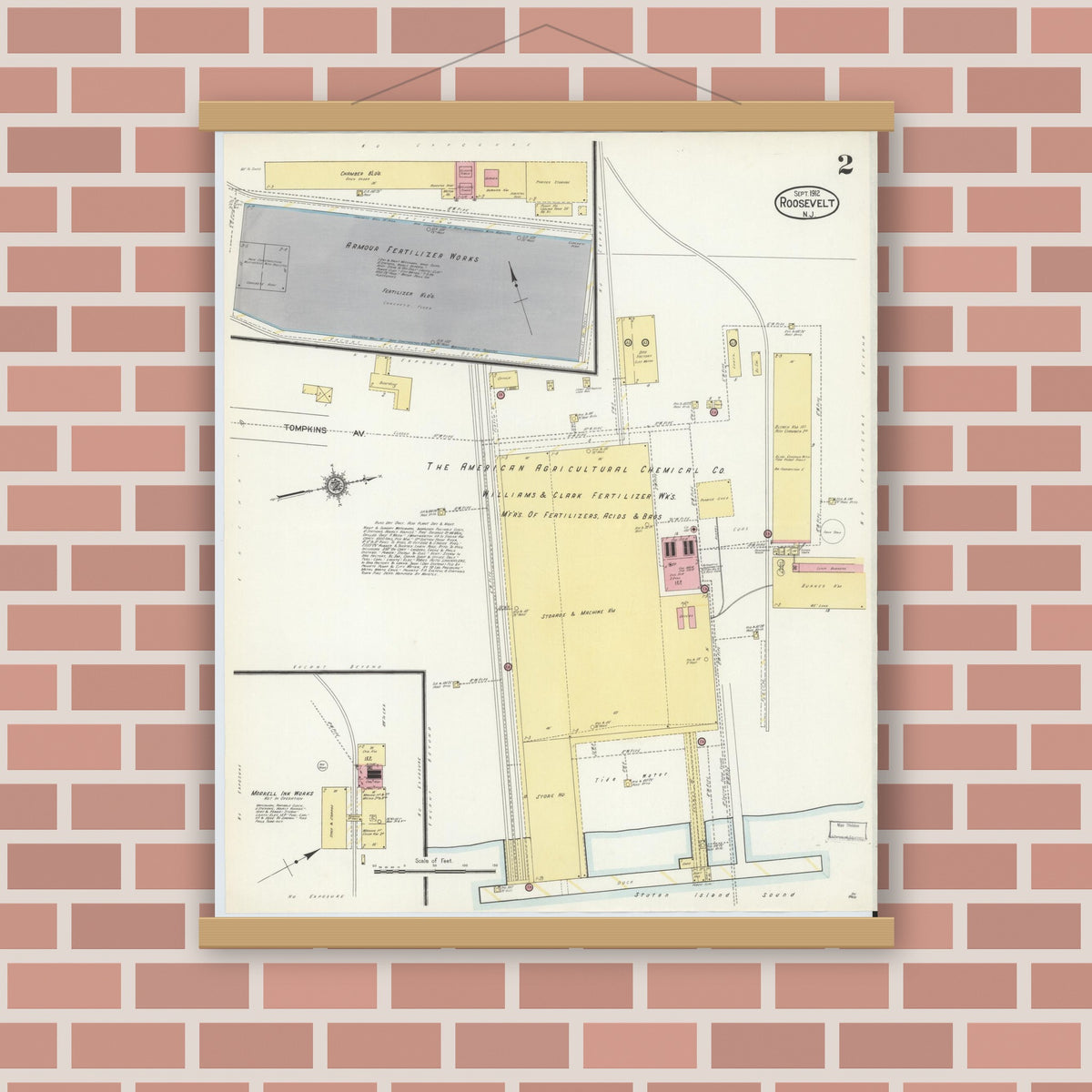 Old map wall art mockup — magnetic wood frame on brick wall — Sanborn Fire Insurance Map from Roosevelt, Middlesex County, New Jersey (1912), Sheet #0002