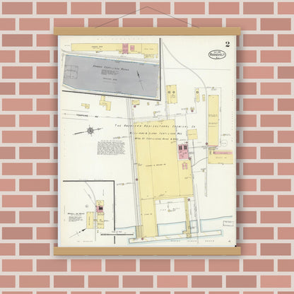 Old map wall art mockup — magnetic wood frame on brick wall — Sanborn Fire Insurance Map from Roosevelt, Middlesex County, New Jersey (1912), Sheet #0002