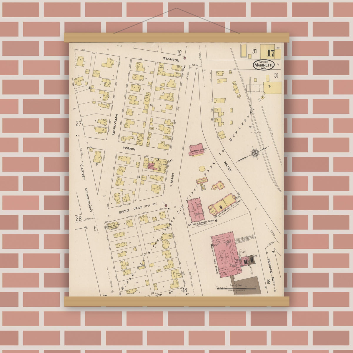 Old map wall art mockup — magnetic wood frame on brick wall — Sanborn Fire Insurance Map from Marinette, Marinette County, Wisconsin (1921), Sheet #0017