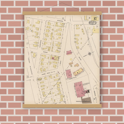 Old map wall art mockup — magnetic wood frame on brick wall — Sanborn Fire Insurance Map from Marinette, Marinette County, Wisconsin (1921), Sheet #0017