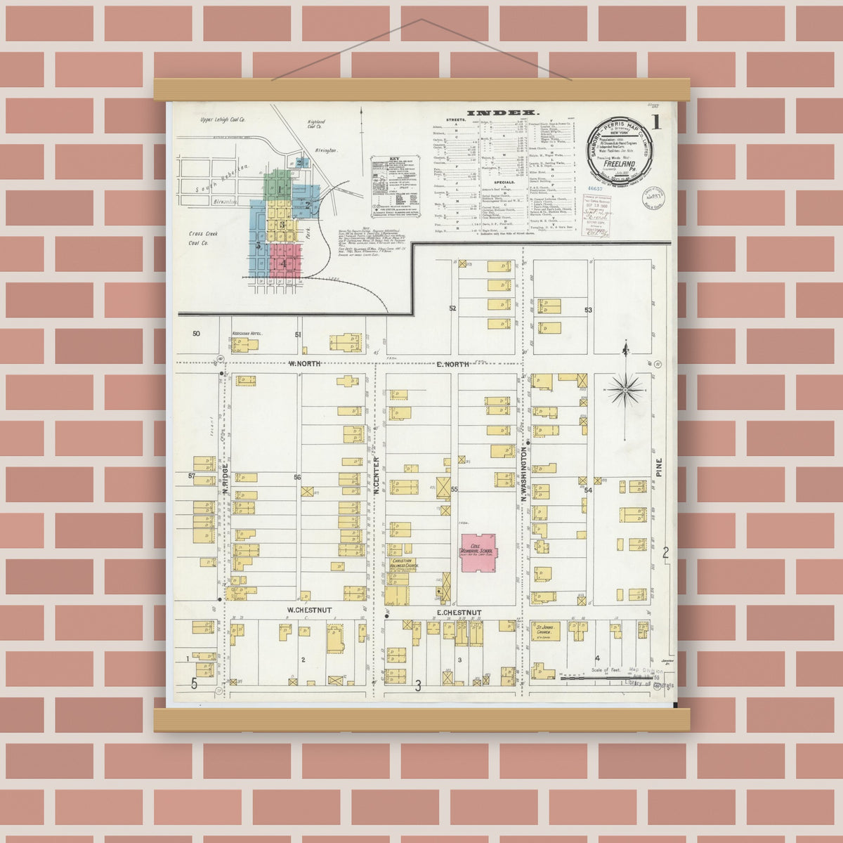Old map wall art mockup — magnetic wood frame on brick wall — Sanborn Fire Insurance Map from Freeland, Luzerne County, Pennsylvania (1900) - Complete Map Set