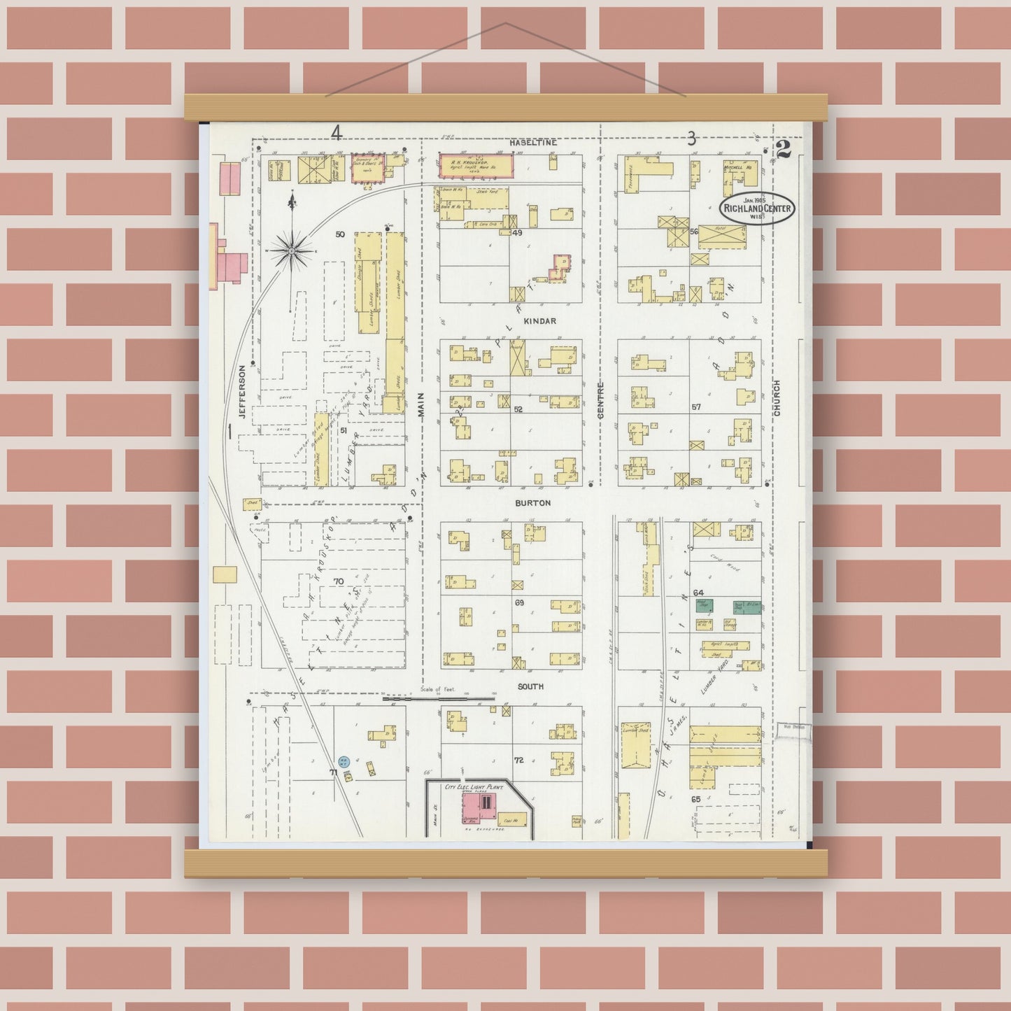 Old map wall art mockup — magnetic wood frame on brick wall — Sanborn Fire Insurance Map from Richland Center, Richland County, Wisconsin (1905), Sheet #0002