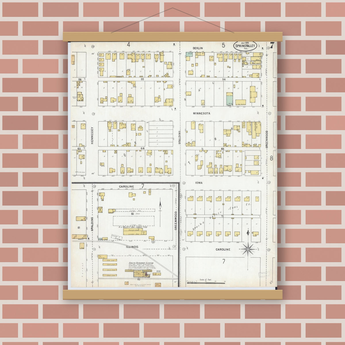 Old map wall art mockup — magnetic wood frame on brick wall — Sanborn Fire Insurance Map from Spring Valley, Bureau County, Illinois (1899), Sheet #0007