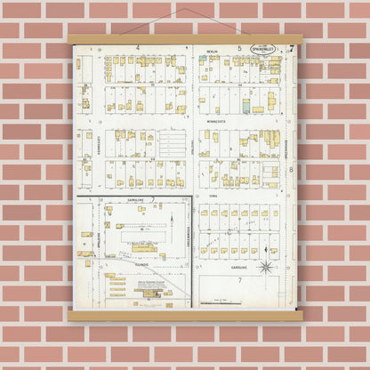 Old map wall art mockup — magnetic wood frame on brick wall — Sanborn Fire Insurance Map from Spring Valley, Bureau County, Illinois (1899), Sheet #0007