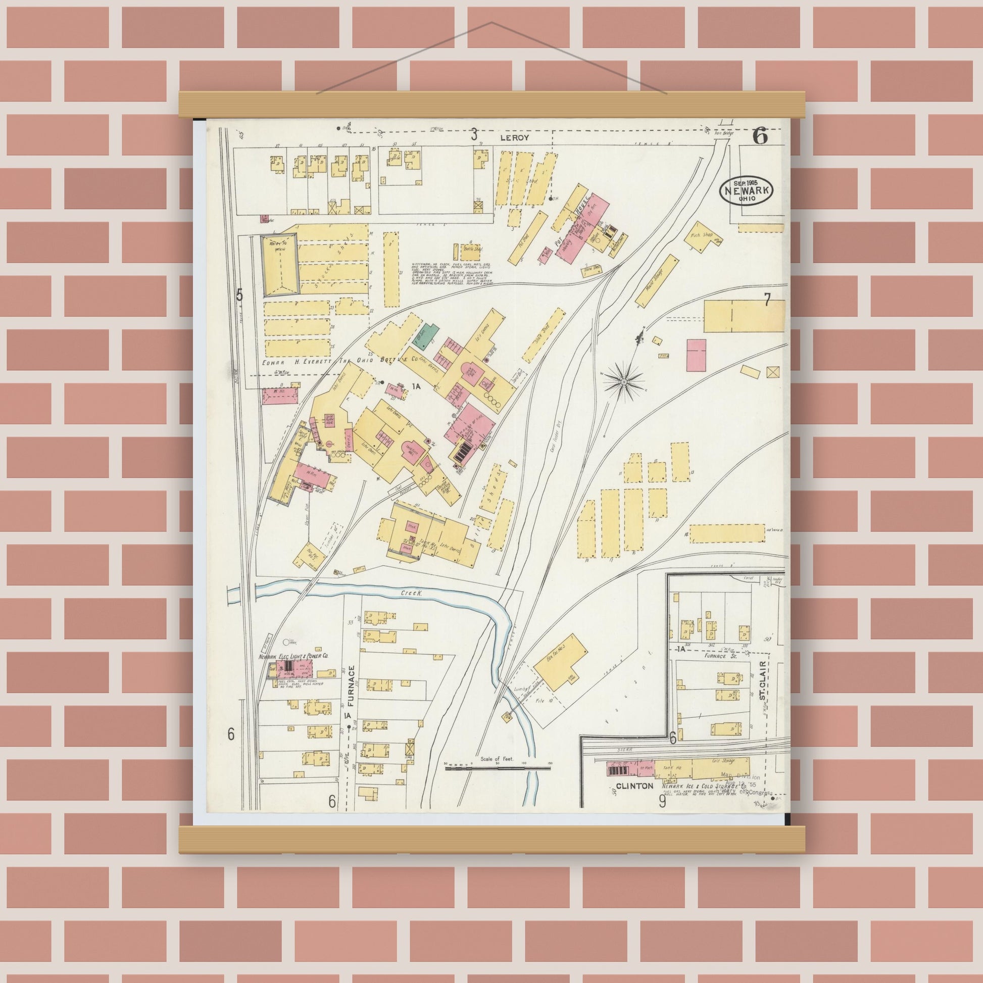 Old map wall art mockup — magnetic wood frame on brick wall — Sanborn Fire Insurance Map from Newark, Licking County, Ohio (1905), Sheet #0006