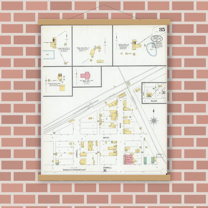 Old map wall art mockup — magnetic wood frame on brick wall — Sanborn Fire Insurance Map from Joplin, Jasper County, Missouri (1900), Sheet #0035