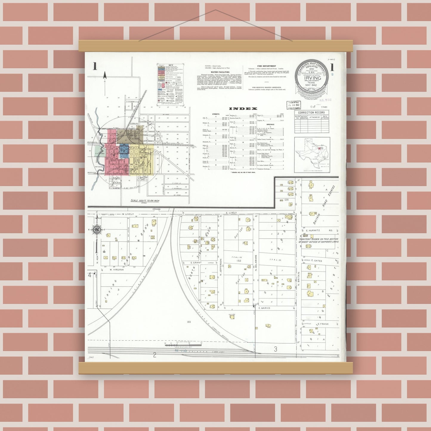 Old map wall art mockup — magnetic wood frame on brick wall — Sanborn Fire Insurance Map from Irving, Dallas County, Texas (1942), Sheet #0001