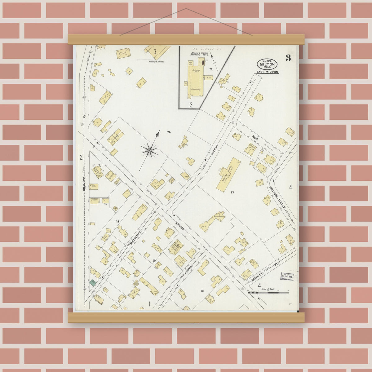 Old map wall art mockup — magnetic wood frame on brick wall — Sanborn Fire Insurance Map from Milton, Norfolk County, Massachusetts (1906), Sheet #0003