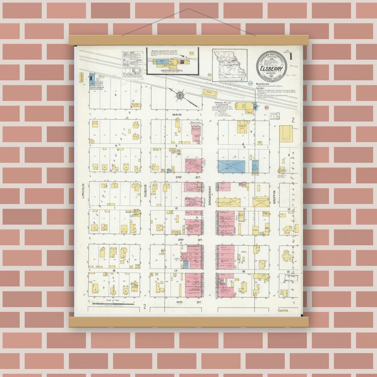 Old map wall art mockup — magnetic wood frame on brick wall — Sanborn Fire Insurance Map from Elsberry, Lincoln County, Missouri (1917) - Complete Map Set