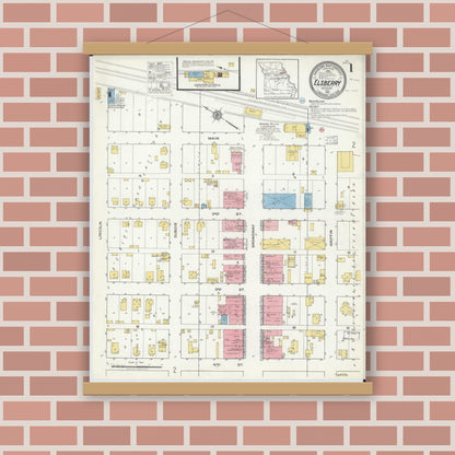 Old map wall art mockup — magnetic wood frame on brick wall — Sanborn Fire Insurance Map from Elsberry, Lincoln County, Missouri (1917) - Complete Map Set