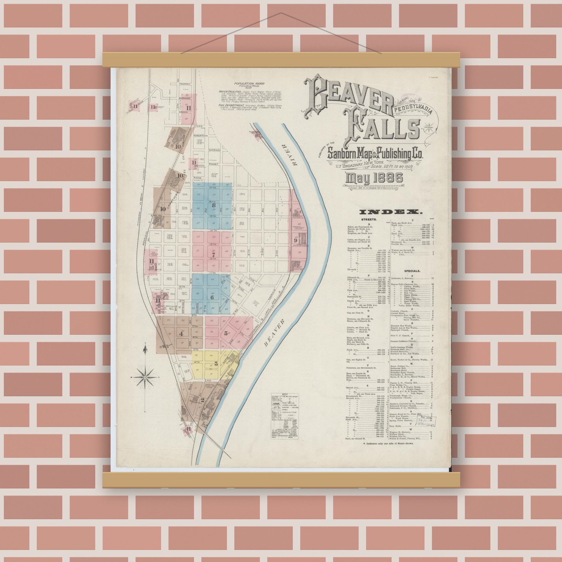 Old map wall art mockup — magnetic wood frame on brick wall — Sanborn Fire Insurance Map from Beaver Falls, Beaver County, Pennsylvania (1886), Sheet #0001