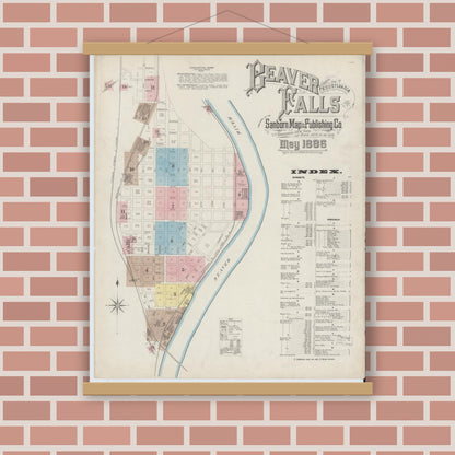 Old map wall art mockup — magnetic wood frame on brick wall — Sanborn Fire Insurance Map from Beaver Falls, Beaver County, Pennsylvania (1886), Sheet #0001