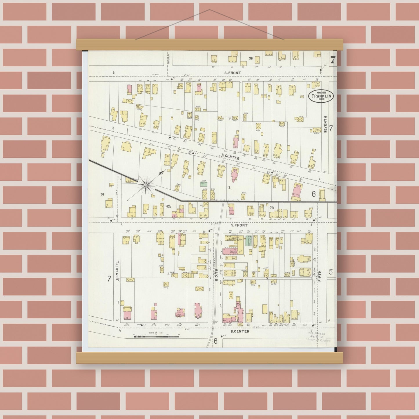Old map wall art mockup — magnetic wood frame on brick wall — Sanborn Fire Insurance Map from Franklin, Warren County, Ohio (1898), Sheet #0007