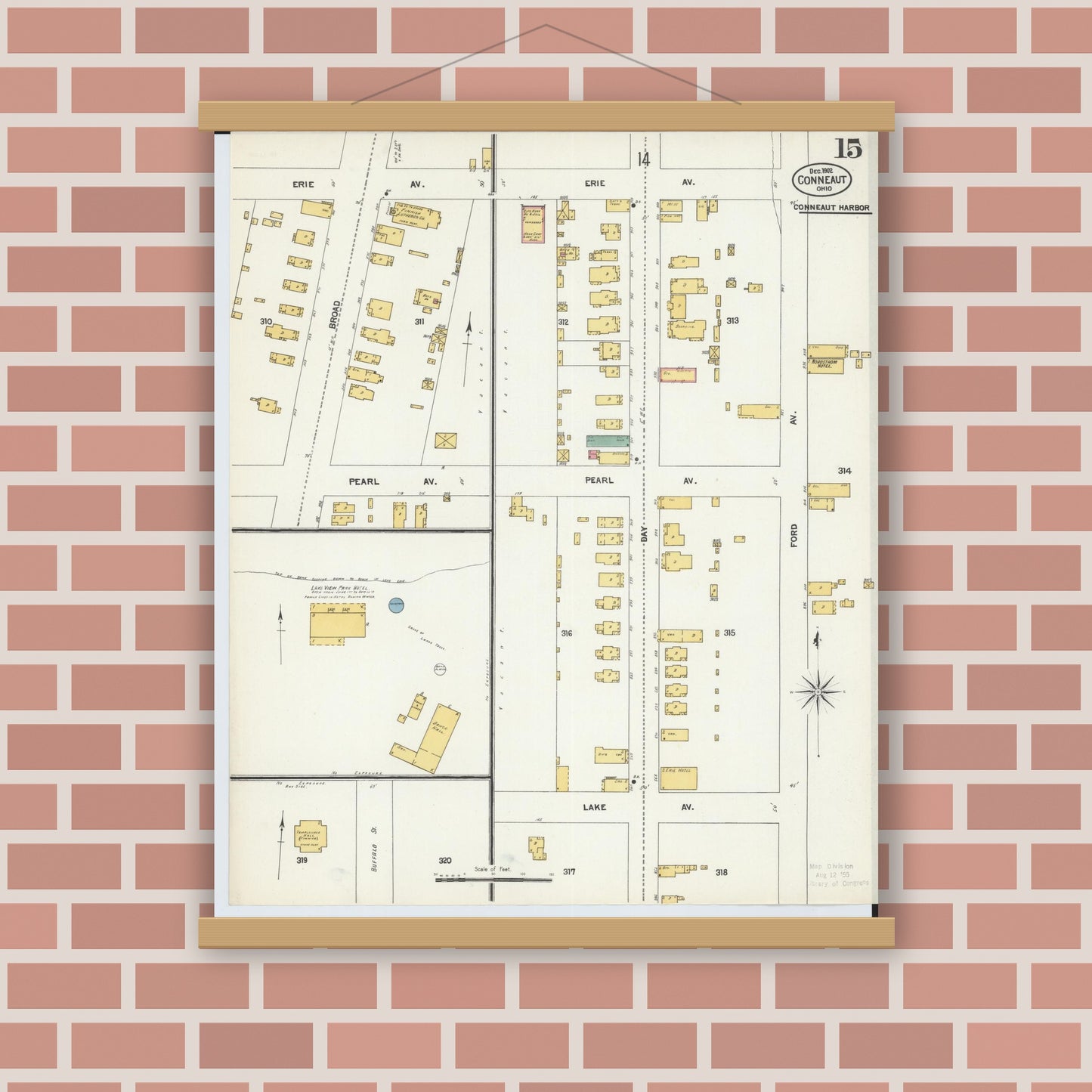 Old map wall art mockup — magnetic wood frame on brick wall — Sanborn Fire Insurance Map from Conneaut, Ashtabula County, Ohio (1902), Sheet #0015