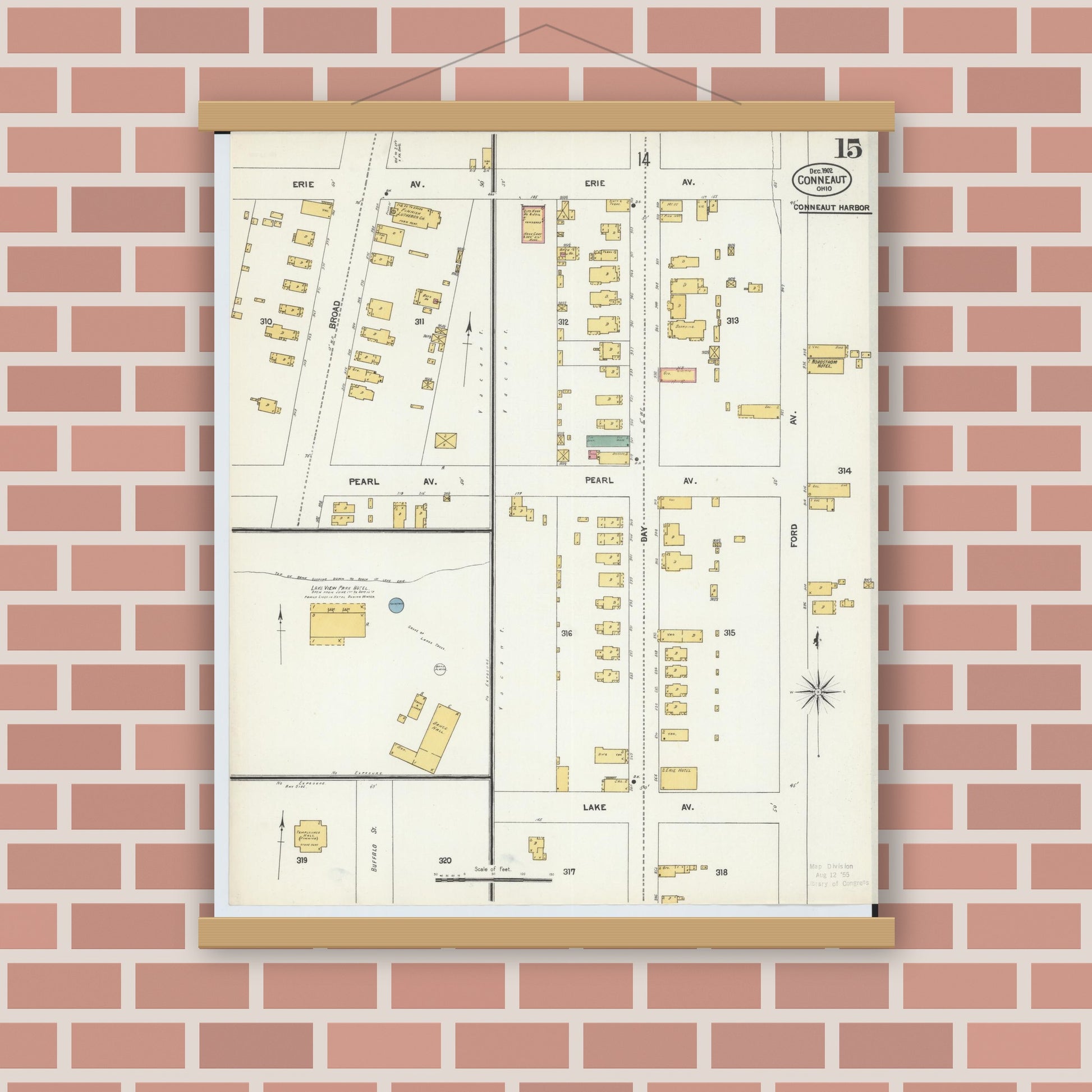Old map wall art mockup — magnetic wood frame on brick wall — Sanborn Fire Insurance Map from Conneaut, Ashtabula County, Ohio (1902), Sheet #0015