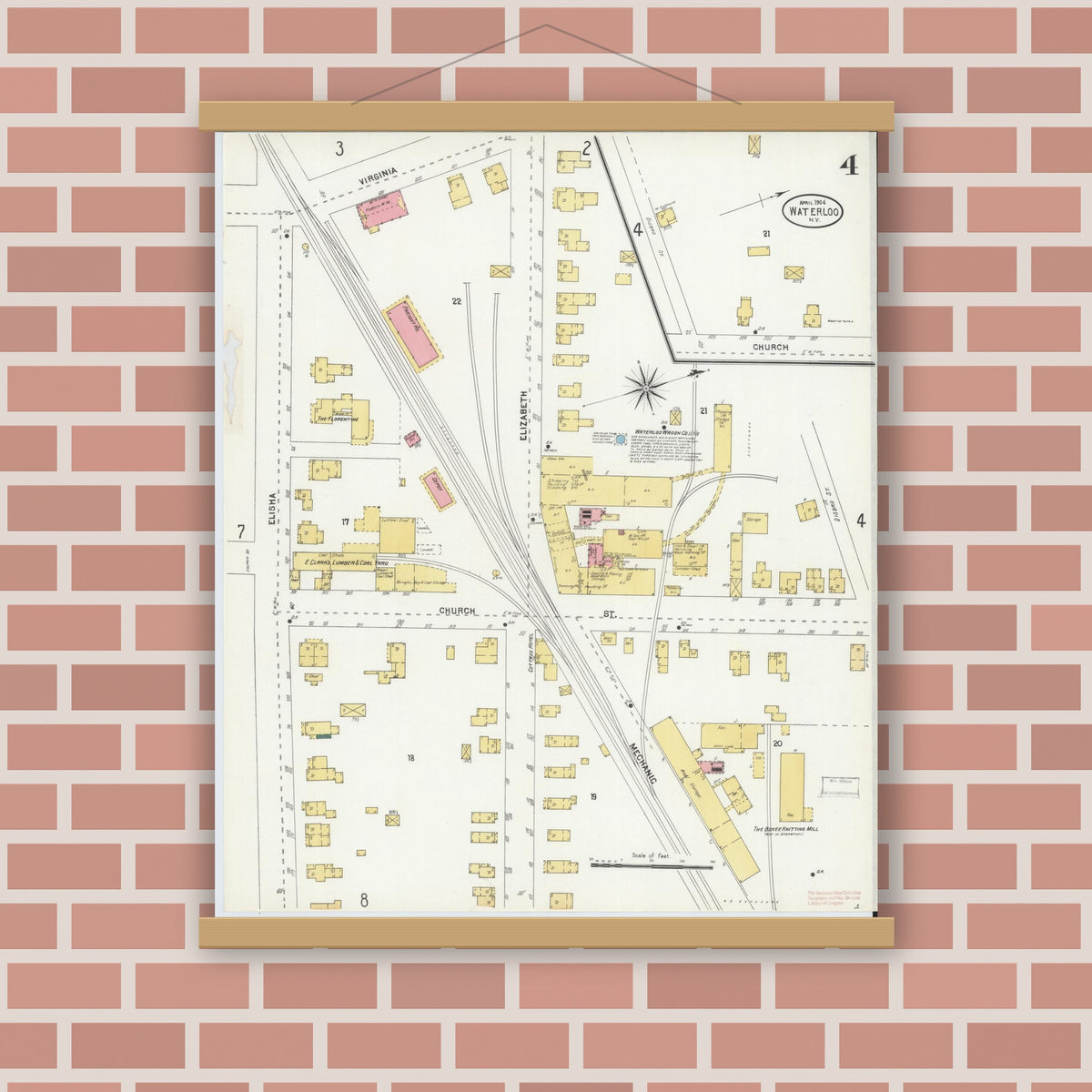 Old map wall art mockup — magnetic wood frame on brick wall — Sanborn Fire Insurance Map from Waterloo, Seneca County, New York (1904), Sheet #0004