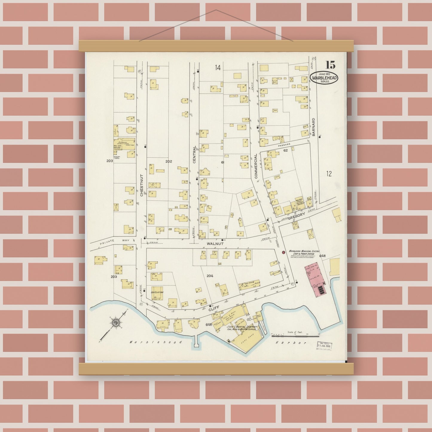 Old map wall art mockup — magnetic wood frame on brick wall — Sanborn Fire Insurance Map from Marblehead, Essex County, Massachusetts (1915), Sheet #0015