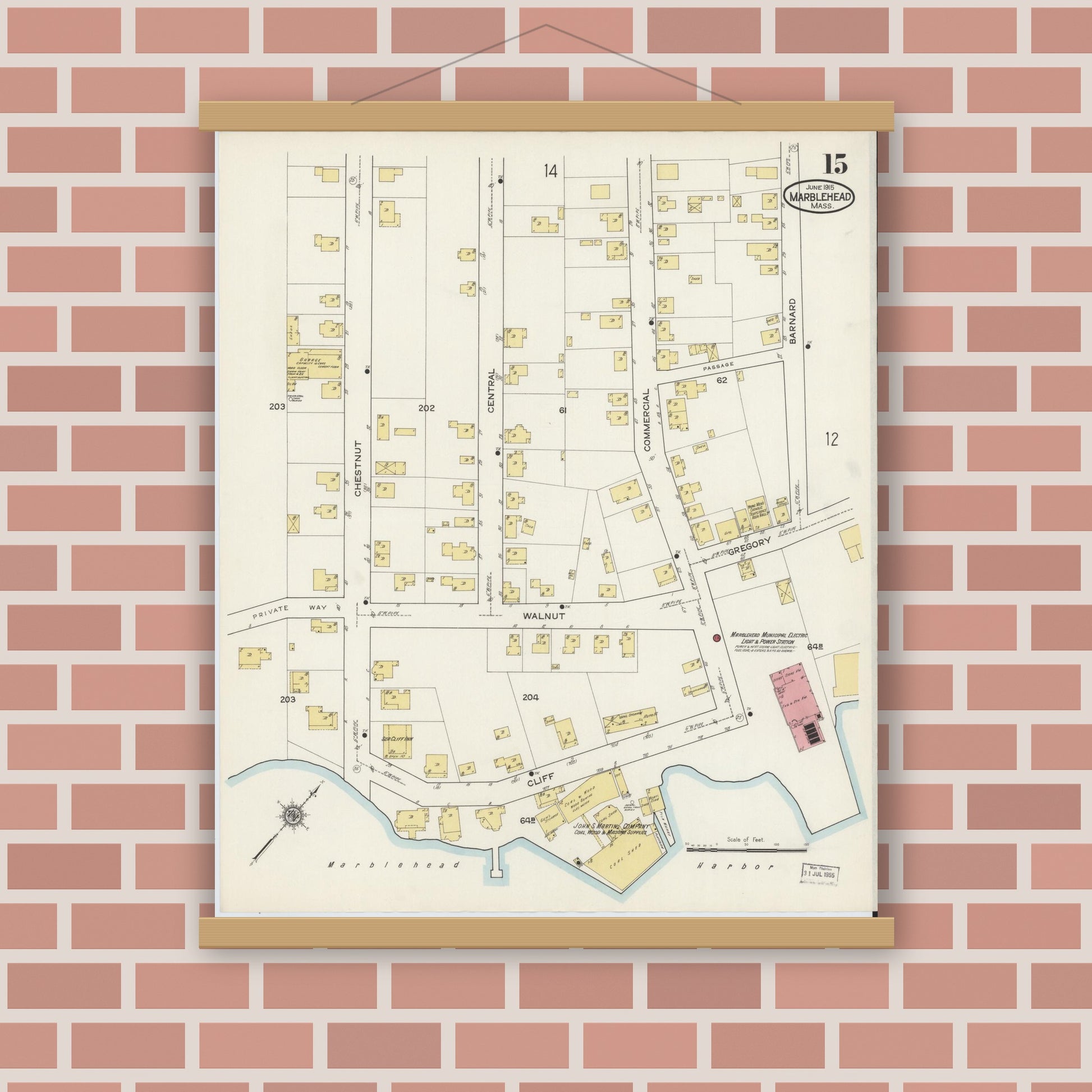 Old map wall art mockup — magnetic wood frame on brick wall — Sanborn Fire Insurance Map from Marblehead, Essex County, Massachusetts (1915), Sheet #0015