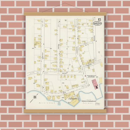 Old map wall art mockup — magnetic wood frame on brick wall — Sanborn Fire Insurance Map from Marblehead, Essex County, Massachusetts (1915), Sheet #0015