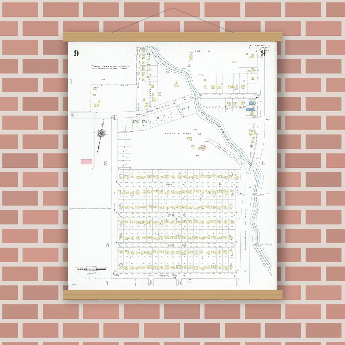 Old map wall art mockup — magnetic wood frame on brick wall — Sanborn Fire Insurance Map from Garland, Dallas County, Texas (1947), Sheet #0009