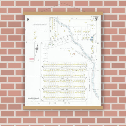 Old map wall art mockup — magnetic wood frame on brick wall — Sanborn Fire Insurance Map from Garland, Dallas County, Texas (1947), Sheet #0009